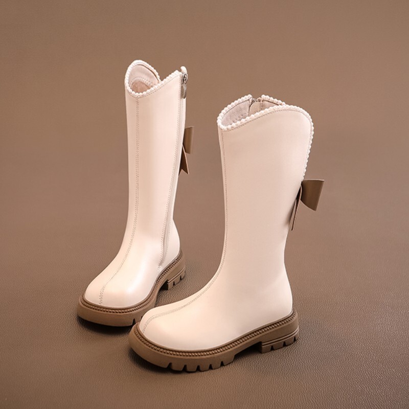 Детски обувки за момиче Памучни обувки с мека подметка Зимни дълги кожени ботуши Ботуши на принцеса с перлени ръбове Ботуши със средна дължина с панделка Mary Jane Boots Chaussure