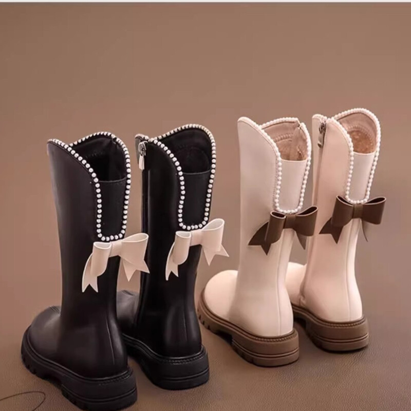 Детски обувки за момиче Памучни обувки с мека подметка Зимни дълги кожени ботуши Ботуши на принцеса с перлени ръбове Ботуши със средна дължина с панделка Mary Jane Boots Chaussure