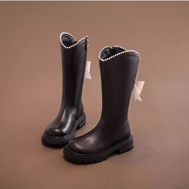 Детски обувки за момиче Памучни обувки с мека подметка Зимни дълги кожени ботуши Ботуши на принцеса с перлени ръбове Ботуши със средна дължина с панделка Mary Jane Boots Chaussure