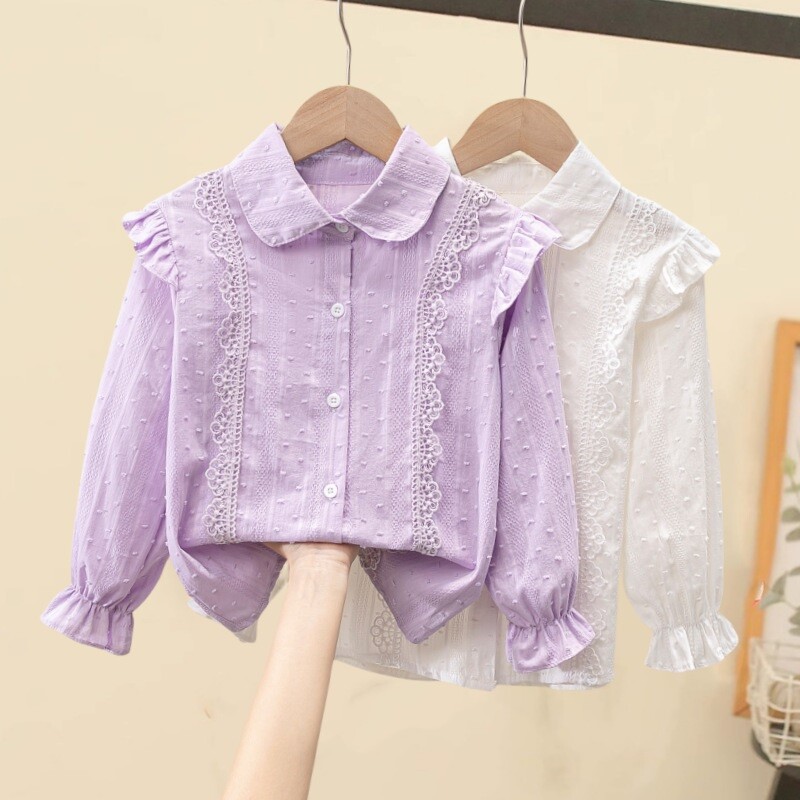 Primăvară Toamnă Bebeluş Copil Adolescent Volane Bluză din dantelă Manecă lungă Cămaşă din bumbac Cămaşă pentru copii 6 8 10 12 14 ani