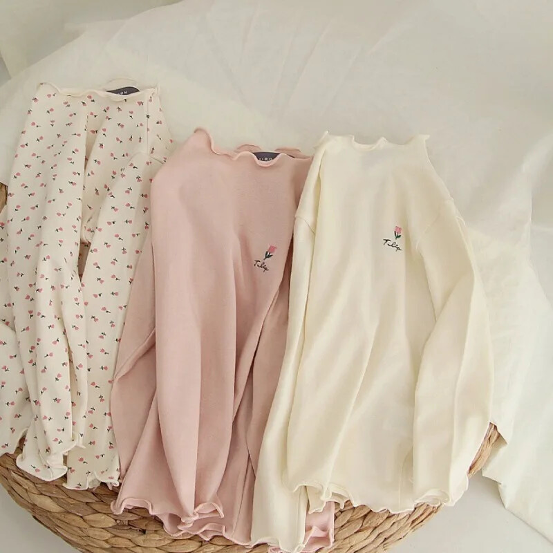 Lastele Tüdrukutele Turtlene kaelusega alussärk Kevadine alasärk Sügis pikkade varrukatega Soliidne T-särk Laste vabaaja lillelised topsid T-särgid 1-6 a