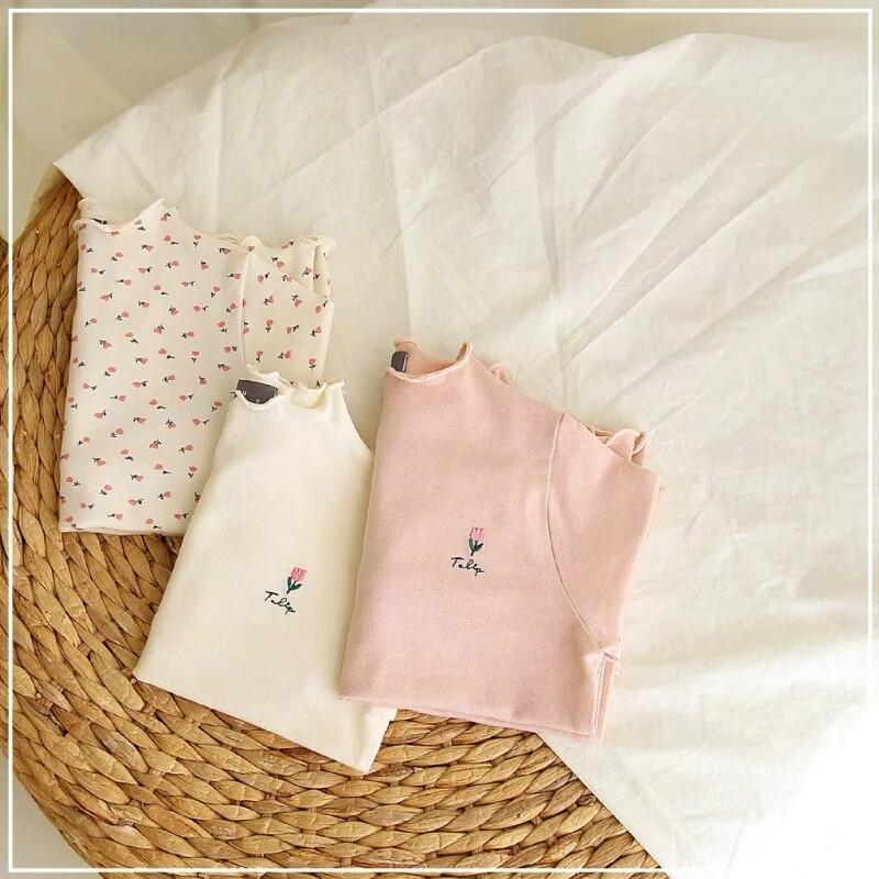 Lastele Tüdrukutele Turtlene kaelusega alussärk Kevadine alasärk Sügis pikkade varrukatega Soliidne T-särk Laste vabaaja lillelised topsid T-särgid 1-6 a