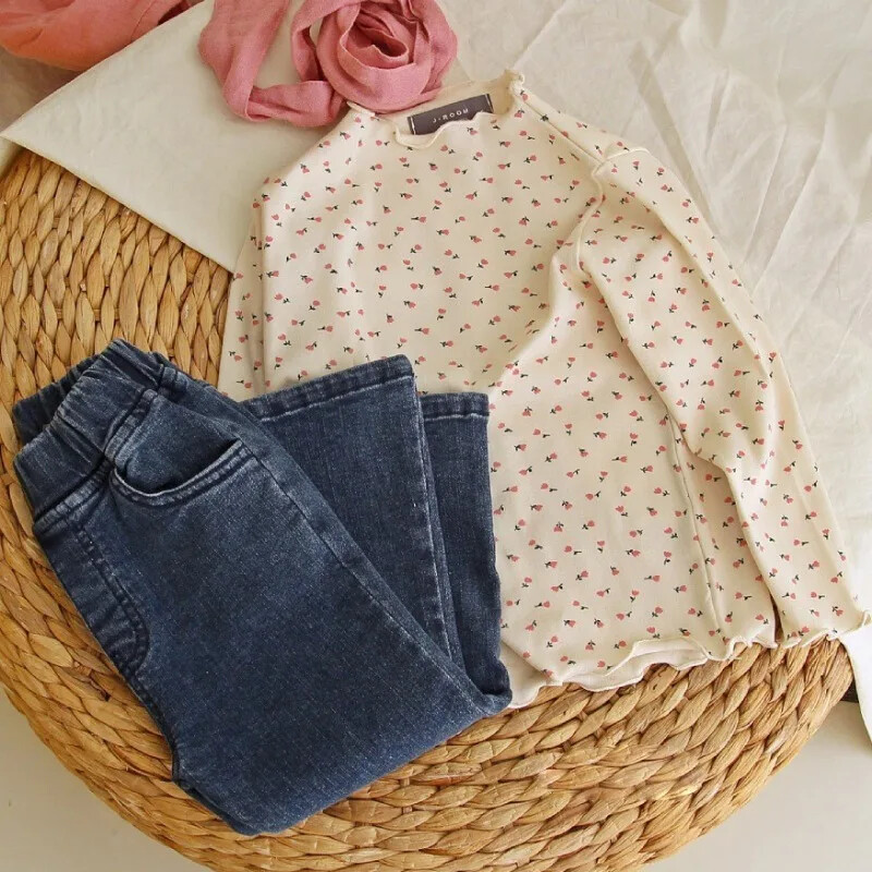 Lastele Tüdrukutele Turtlene kaelusega alussärk Kevadine alasärk Sügis pikkade varrukatega Soliidne T-särk Laste vabaaja lillelised topsid T-särgid 1-6 a