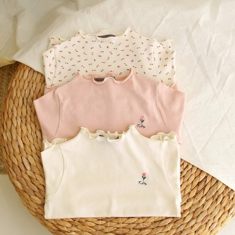 Lastele Tüdrukutele Turtlene kaelusega alussärk Kevadine alasärk Sügis pikkade varrukatega Soliidne T-särk Laste vabaaja lillelised topsid T-särgid 1-6 a