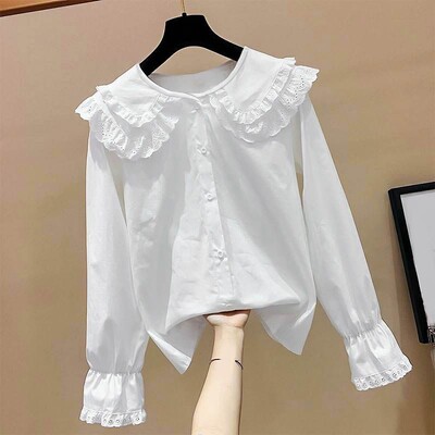 4-13 години Пролет Есен Бебешки тийнейджърски дрехи за момичета Дантелена блуза с волани Бяла ученическа риза с дълъг ръкав Детски ризи