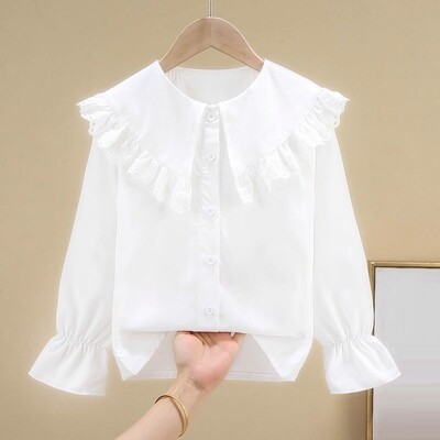 4-13 години Пролет Есен Бебешки тийнейджърски дрехи за момичета Дантелена блуза с волани Бяла ученическа риза с дълъг ръкав Детски ризи