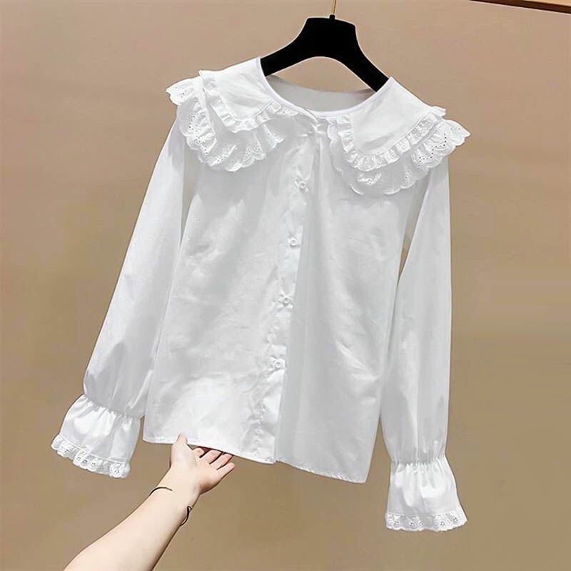 4-13 години Пролет Есен Бебешки тийнейджърски дрехи за момичета Дантелена блуза с волани Бяла ученическа риза с дълъг ръкав Детски ризи