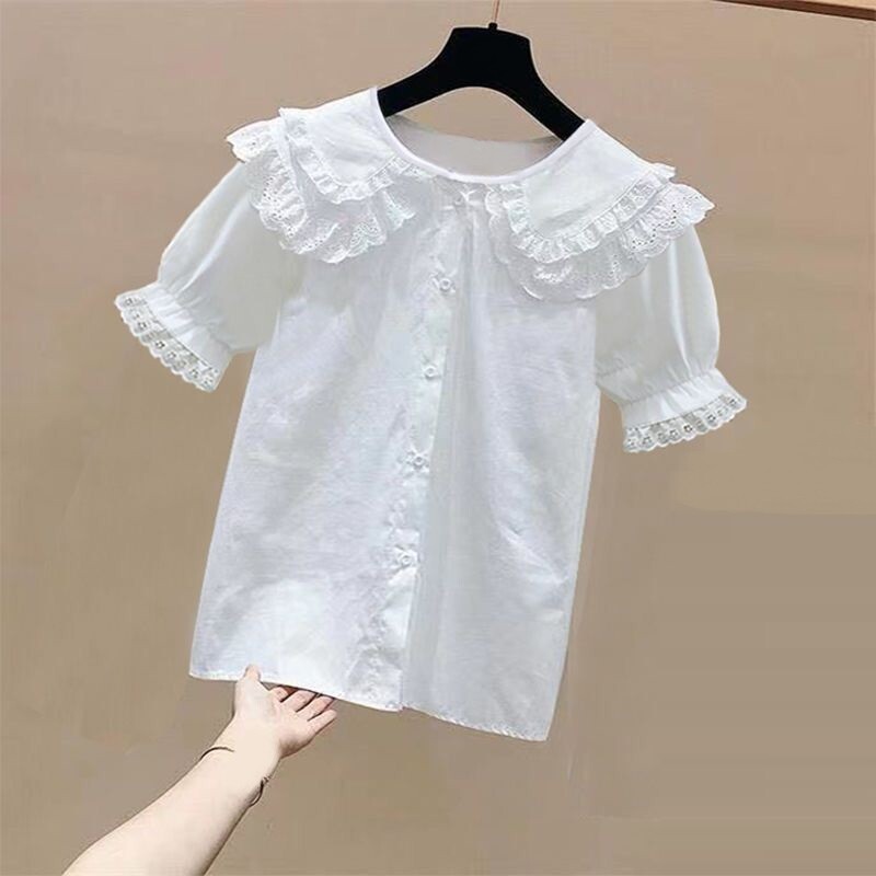 4-13 години Пролет Есен Бебешки тийнейджърски дрехи за момичета Дантелена блуза с волани Бяла ученическа риза с дълъг ръкав Детски ризи