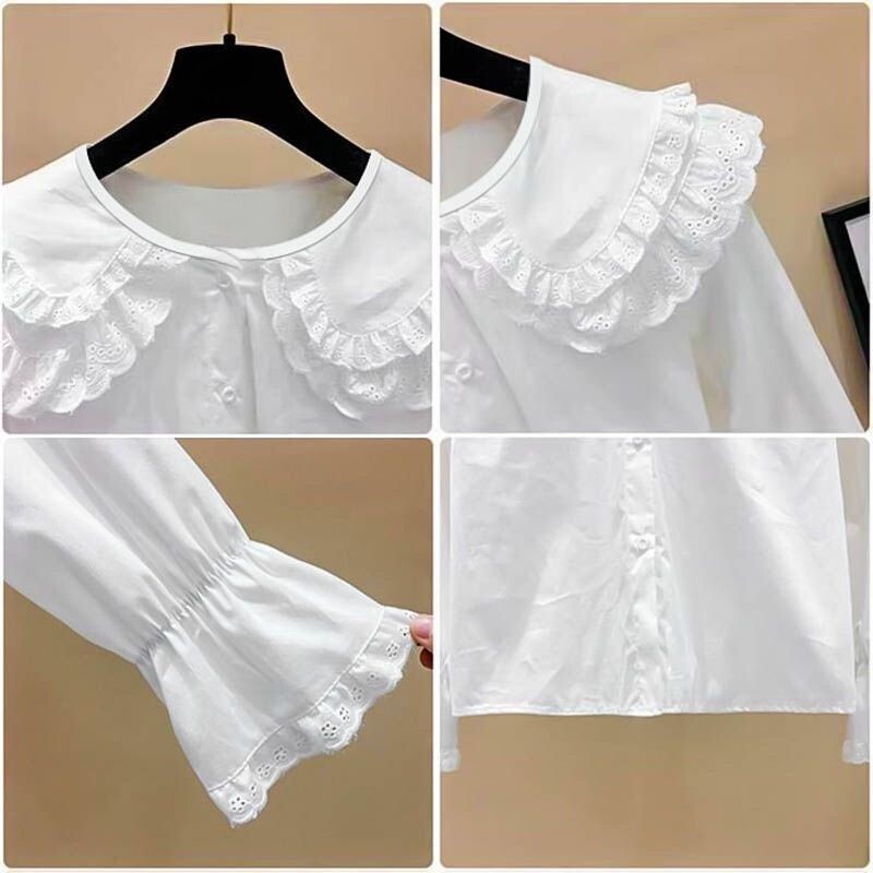 4-13 години Пролет Есен Бебешки тийнейджърски дрехи за момичета Дантелена блуза с волани Бяла ученическа риза с дълъг ръкав Детски ризи