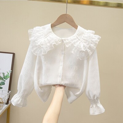 4–15-aastased sügiskoolitüdrukud, valge pitspluus, preppy stiilis riided tüdrukute puuvillased topid Laste särk, pikkade varrukatega lasteriided