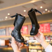 Visoke čizme do koljena za djevojčice, dječje modne jahaće čizme s niskom petom, leptir mašnom, čizme za djevojčice princeze od sintetičke kože s patentnim zatvaračem