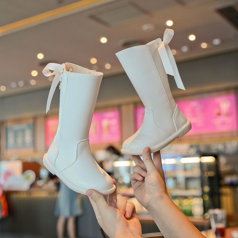 Visoke čizme do koljena za djevojčice, dječje modne jahaće čizme s niskom petom, leptir mašnom, čizme za djevojčice princeze od sintetičke kože s patentnim zatvaračem