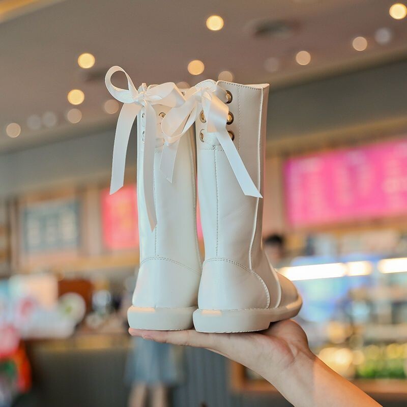 Visoke čizme do koljena za djevojčice, dječje modne jahaće čizme s niskom petom, leptir mašnom, čizme za djevojčice princeze od sintetičke kože s patentnim zatvaračem