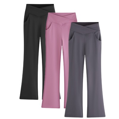 Meiteņu legingi Sports Cross Waist Flare Bikses Joga Preppy Drēbes 10-12 G Bērns Dejošana Skriešana Black Bell Bottoms ar kabatām