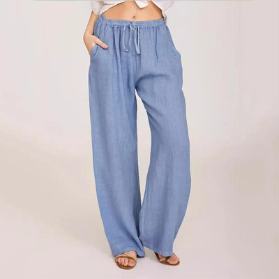 We.Fine есенни памучни ленени панталони с широки крачоли за жени Ежедневни панталони с пълна дължина Дамски плътни свободни прави панталони с висока талия