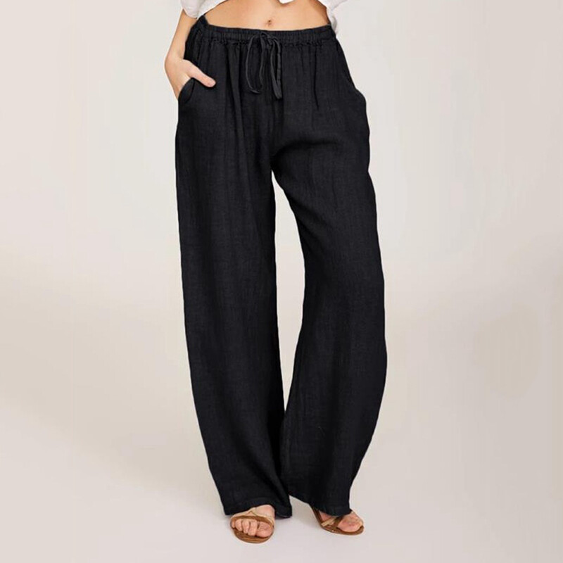We.Fine есенни памучни ленени панталони с широки крачоли за жени Ежедневни панталони с пълна дължина Дамски плътни свободни прави панталони с висока талия
