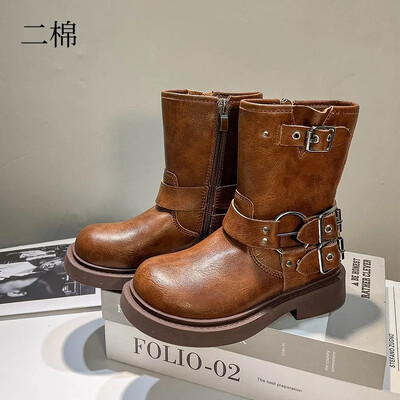 Cizme de copii cu platformă cu vârf rotund 2023 Toamnă/Iarnă Cizme din piele pentru băiat britanic Cizme de cavaler pentru fată Cizme de cavaler de mărime medie Pantof pentru copii 부츠