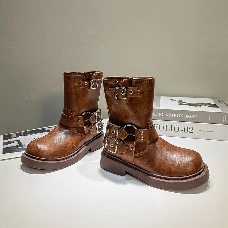 Cizme de copii cu platformă cu vârf rotund 2023 Toamnă/Iarnă Cizme din piele pentru băiat britanic Cizme de cavaler pentru fată Cizme de cavaler de mărime medie Pantof pentru copii 부츠