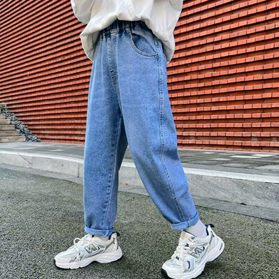 LJMOFA Copii Băieți Blugi Primăvară Toamnă Talie Elastică Pantaloni Copii Pantaloni Ocazional Lungi Îmbrăcăminte băieți Pantaloni largi sport D363