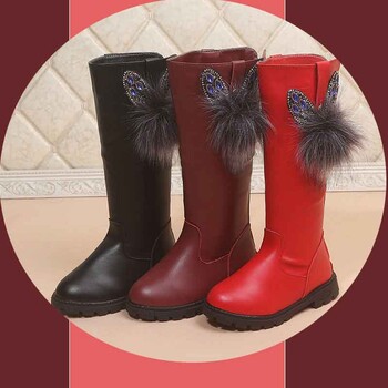 PU Δερμάτινες μακριές μπότες για Princess Girls Students Flat Rhinestone Pom Designer Boots Αντιολισθητική σόλα από καουτσούκ Φοιτητικά χειμερινά παπούτσια