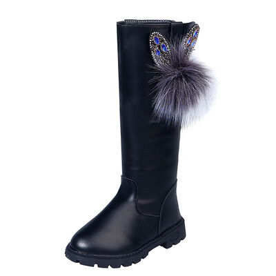 PU Δερμάτινες μακριές μπότες για Princess Girls Students Flat Rhinestone Pom Designer Boots Αντιολισθητική σόλα από καουτσούκ Φοιτητικά χειμερινά παπούτσια
