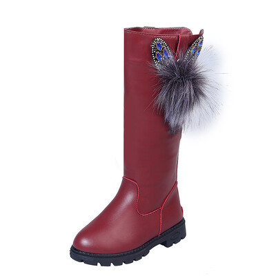 PU Δερμάτινες μακριές μπότες για Princess Girls Students Flat Rhinestone Pom Designer Boots Αντιολισθητική σόλα από καουτσούκ Φοιτητικά χειμερινά παπούτσια