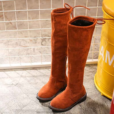 Παιδικές καθημερινές επίπεδες μπότες μέχρι το γόνατο Soft Stretch Flock Chunky Πλατφόρμα Μακριές Μπότες Princess Girls Winter Autumn Black Botas