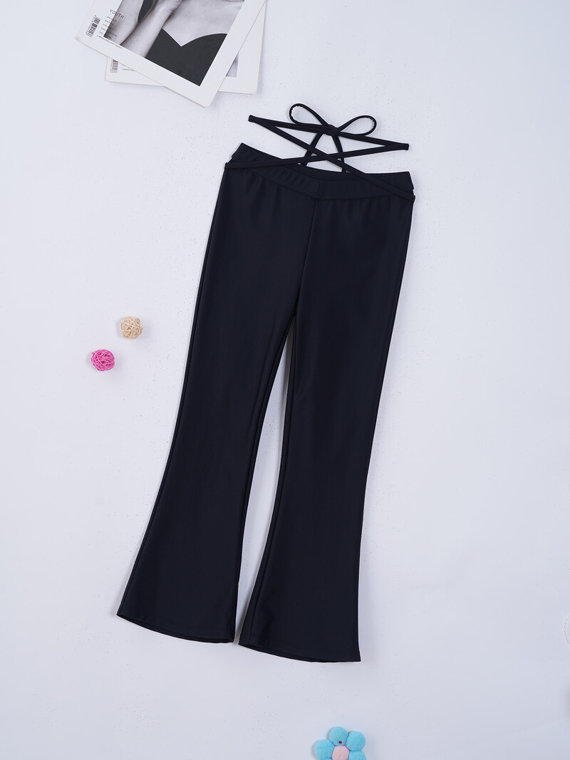 Pantaloni lungi negri pentru fete pentru copii, culoare pură, cu centură elastică în talie, cu cravată, pantaloni evazați, la modă pentru copii, pantaloni pentru dansul de jazz.
