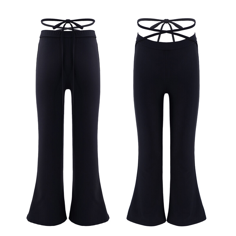 Pantaloni lungi negri pentru fete pentru copii, culoare pură, cu centură elastică în talie, cu cravată, pantaloni evazați, la modă pentru copii, pantaloni pentru dansul de jazz.