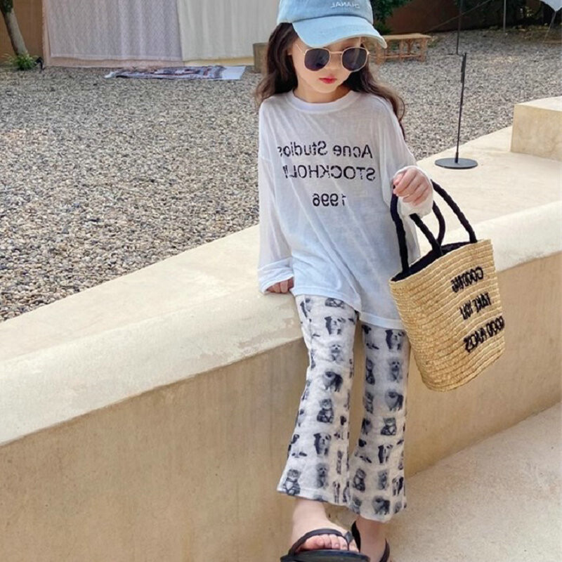 Tüdrukute püksid Vesimärgiga multifilm mikro laieneva põhjaga püksid, uued lasteriided 2024. aasta kevadsuveks