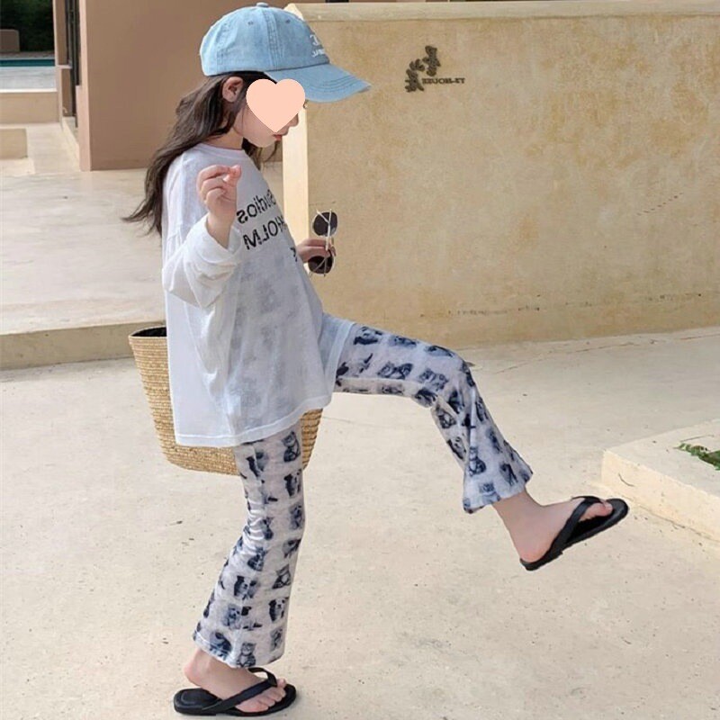 Tüdrukute püksid Vesimärgiga multifilm mikro laieneva põhjaga püksid, uued lasteriided 2024. aasta kevadsuveks