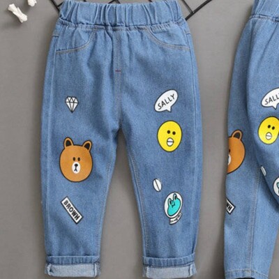Proljeće jesen 2024. Dječje dječačke traper hlače s elastičnim strukom, naljepnica s pismom, hlače za dječake, vanjske hlače s medvjedom iz crtića, dječje dječačke hlače