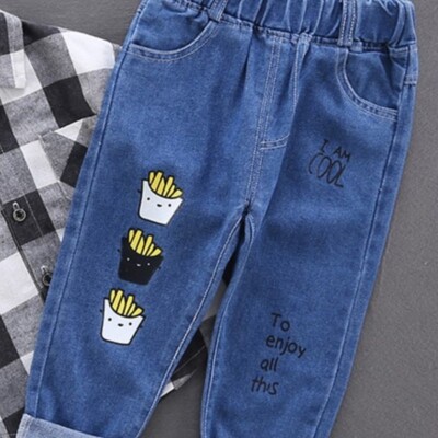 Proljeće jesen 2024. Dječje dječačke traper hlače s elastičnim strukom, naljepnica s pismom, hlače za dječake, vanjske hlače s medvjedom iz crtića, dječje dječačke hlače