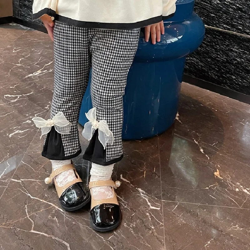 Raširene hlače za djevojčice za djecu od 1 do 6 godina 2024, proljeće, jesen, dječje rešetkaste hlače, pamučne hlače s mašnom, ležerna odjeća