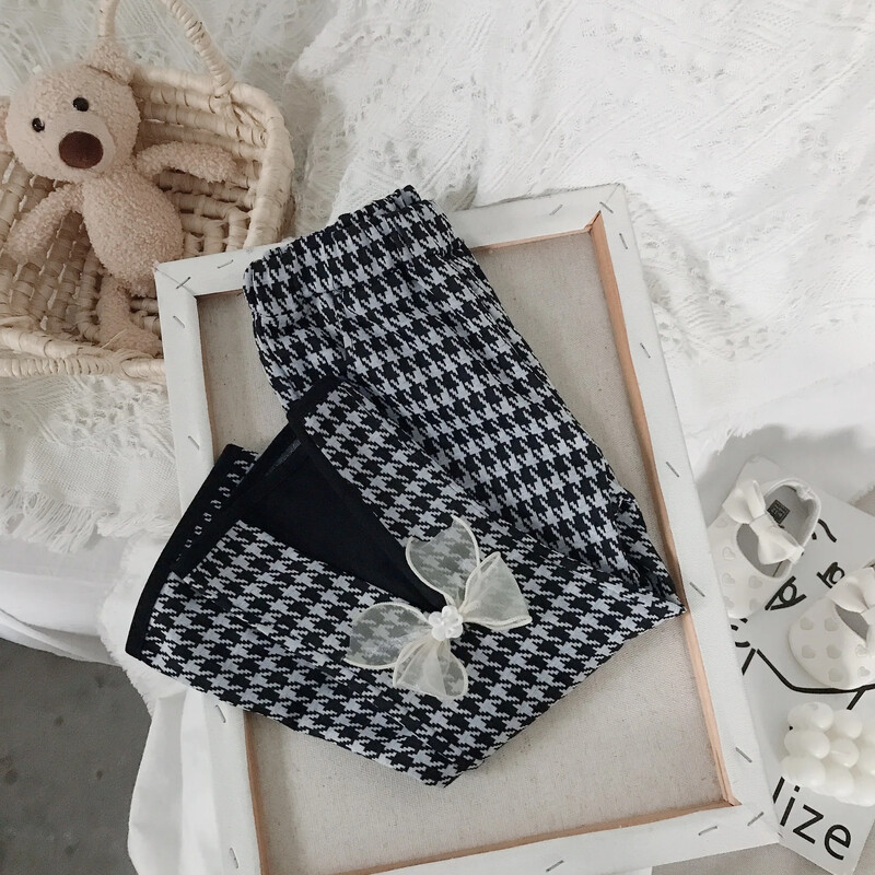 Raširene hlače za djevojčice za djecu od 1 do 6 godina 2024, proljeće, jesen, dječje rešetkaste hlače, pamučne hlače s mašnom, ležerna odjeća