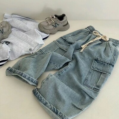 Primăvară Toamnă Copii Băieți Pantaloni Denim Bumbac Snur Buzunar Lateral Bebeluși Băieți Pantaloni Largi Talie Elastică Solidă Copii Băieți Blugi