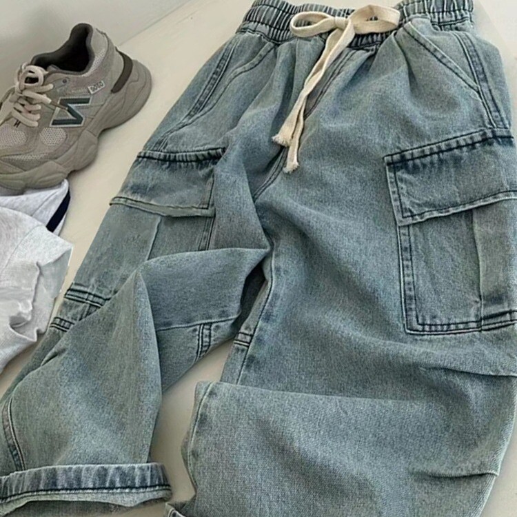 Kevad Sügis Lapsed Poiss Teksapüksid Puuvillane Pingutuspael Küljetasku Beebipoistele Laia säärega püksid Tugev elastne vöökoht Laste Poiste Teksad