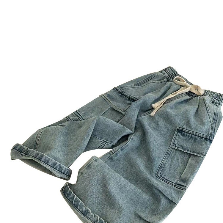 Kevad Sügis Lapsed Poiss Teksapüksid Puuvillane Pingutuspael Küljetasku Beebipoistele Laia säärega püksid Tugev elastne vöökoht Laste Poiste Teksad