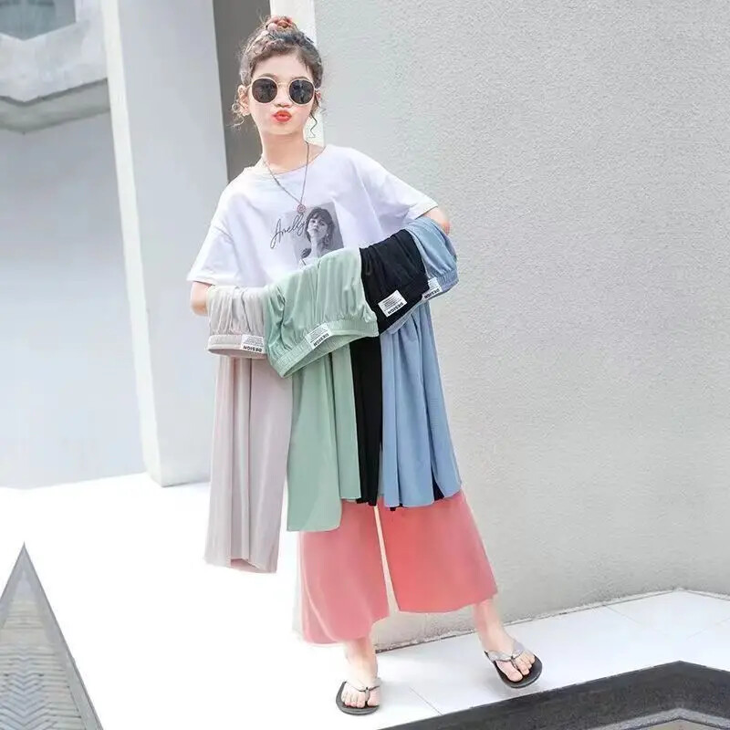 Dječje Hlače širokih nogavica od ledene svile 2022. Proljetne i ljetne hlače za djevojčice i dječake na izvlačenje od čipke, prozračne tkanine, široke ležerne hlače