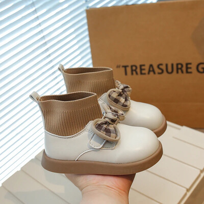 Κοριτσίστικες μπότες κάλτσες Ευέλικτο φιόγκο Απλή πλατφόρμα με στρογγυλά δάχτυλα Παιδικές μοδάτες καθημερινές δερμάτινες μπότες Classic Παιδικές μπότες με γάντζο και βρόχο