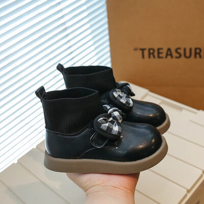 Κοριτσίστικες μπότες κάλτσες Ευέλικτο φιόγκο Απλή πλατφόρμα με στρογγυλά δάχτυλα Παιδικές μοδάτες καθημερινές δερμάτινες μπότες Classic Παιδικές μπότες με γάντζο και βρόχο