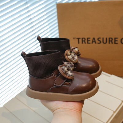 Κοριτσίστικες μπότες κάλτσες Ευέλικτο φιόγκο Απλή πλατφόρμα με στρογγυλά δάχτυλα Παιδικές μοδάτες καθημερινές δερμάτινες μπότες Classic Παιδικές μπότες με γάντζο και βρόχο