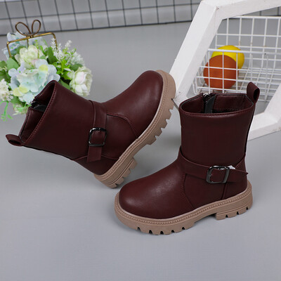 Moda pentru copii Ghete pentru fete 2023 Noua culoare solidă Cataramă Fermoar lateral Drăguț cu cârlig și buclă Negru de primăvară și toamnă Pantofi prințesă PU