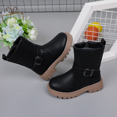 Moda pentru copii Ghete pentru fete 2023 Noua culoare solidă Cataramă Fermoar lateral Drăguț cu cârlig și buclă Negru de primăvară și toamnă Pantofi prințesă PU