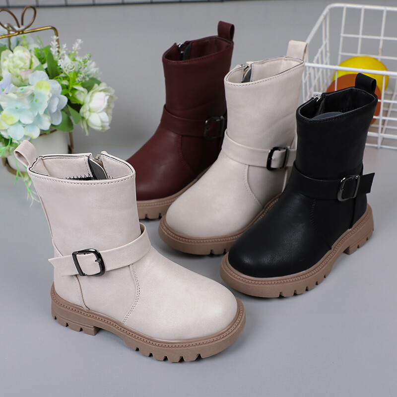 Moda pentru copii Ghete pentru fete 2023 Noua culoare solidă Cataramă Fermoar lateral Drăguț cu cârlig și buclă Negru de primăvară și toamnă Pantofi prințesă PU