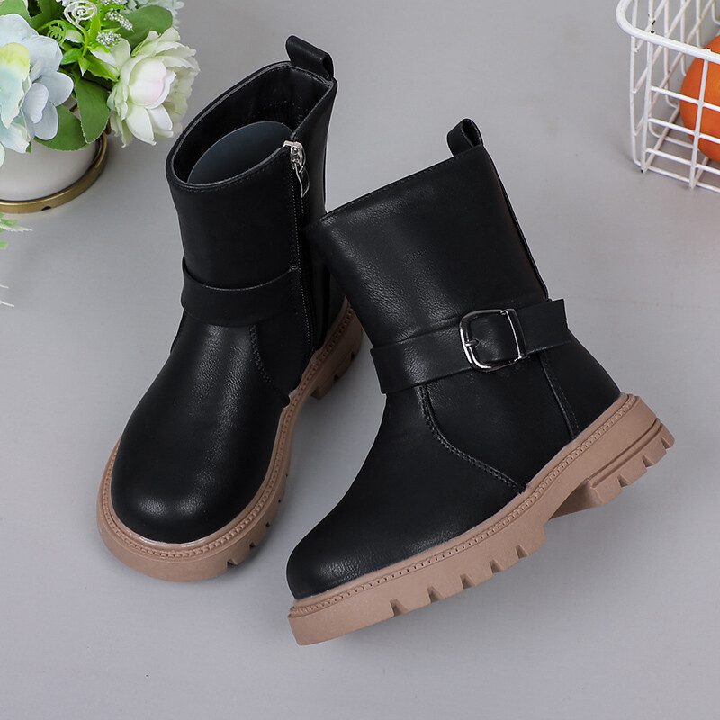 Moda pentru copii Ghete pentru fete 2023 Noua culoare solidă Cataramă Fermoar lateral Drăguț cu cârlig și buclă Negru de primăvară și toamnă Pantofi prințesă PU