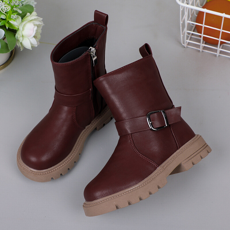 Moda pentru copii Ghete pentru fete 2023 Noua culoare solidă Cataramă Fermoar lateral Drăguț cu cârlig și buclă Negru de primăvară și toamnă Pantofi prințesă PU