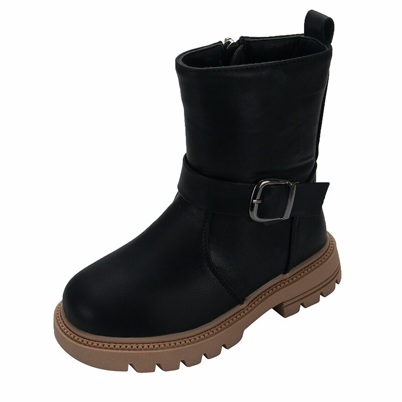 Moda pentru copii Ghete pentru fete 2023 Noua culoare solidă Cataramă Fermoar lateral Drăguț cu cârlig și buclă Negru de primăvară și toamnă Pantofi prințesă PU