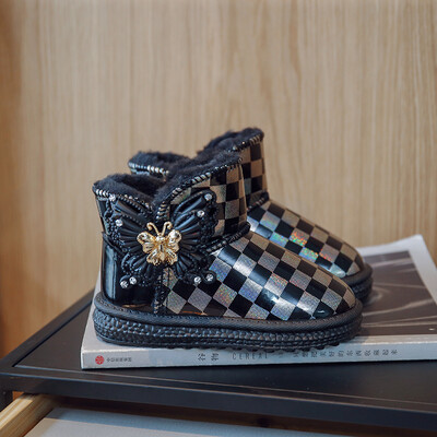 Момичета PU Сладки ботуши за сняг Розова каре с лък Красива принцеса Универсални къси ботуши Зима Нова 2022 Ежедневна детска мода