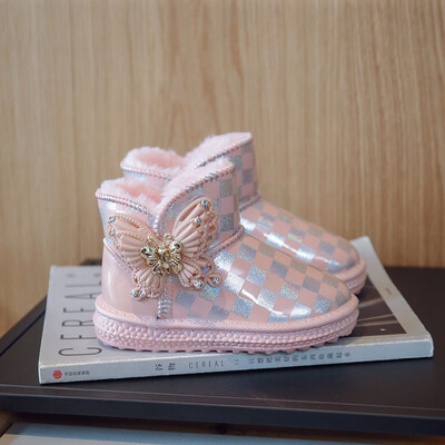 Момичета PU Сладки ботуши за сняг Розова каре с лък Красива принцеса Универсални къси ботуши Зима Нова 2022 Ежедневна детска мода